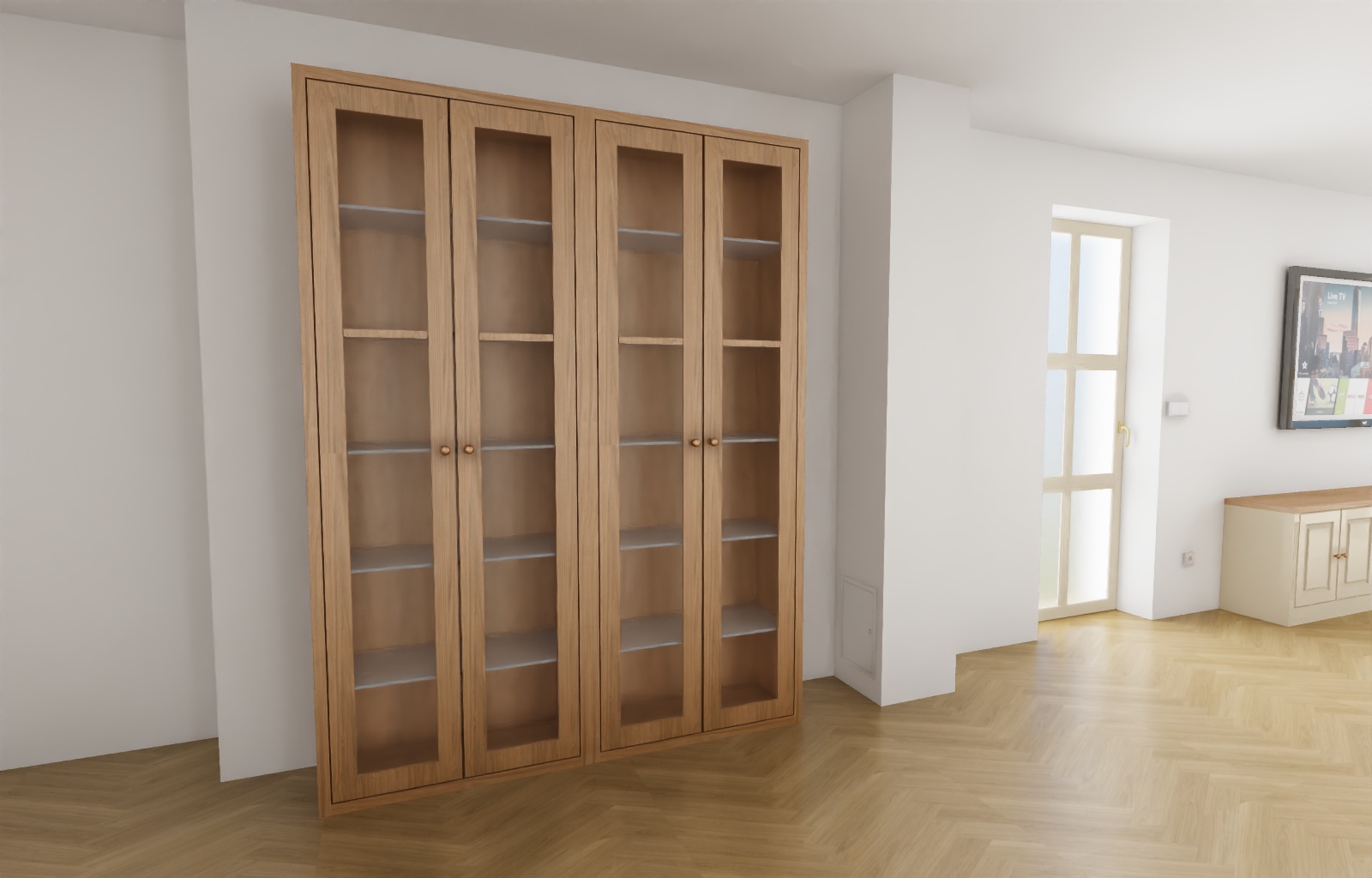 Dubová presklená vitrína v obývacom priestore