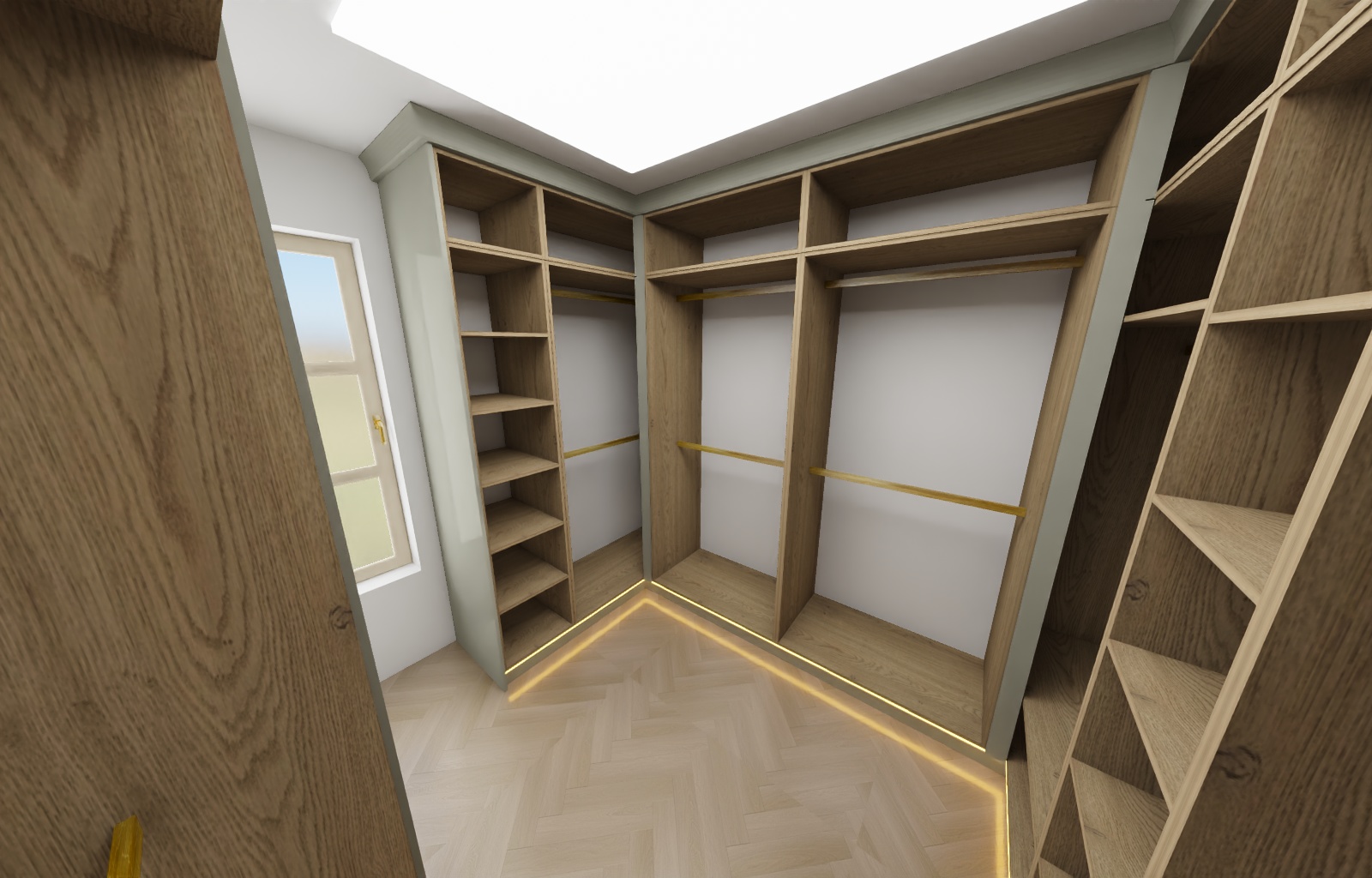 Dubový walk-in šatník A — U · dispozícia · pohľad